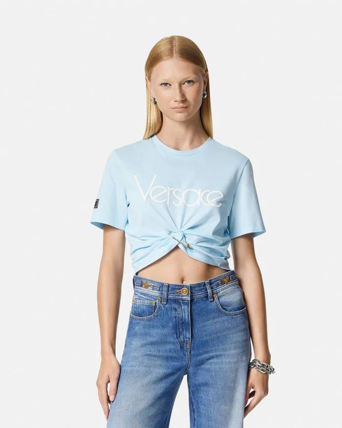 Versace 1978 ReEdition Logo Crop TShirt Light Blue Women TShirts and Sweatshirts Versace 1978 ReEdition Logo Crop TShirt Light Blue Women TShirts and Sweatshirts