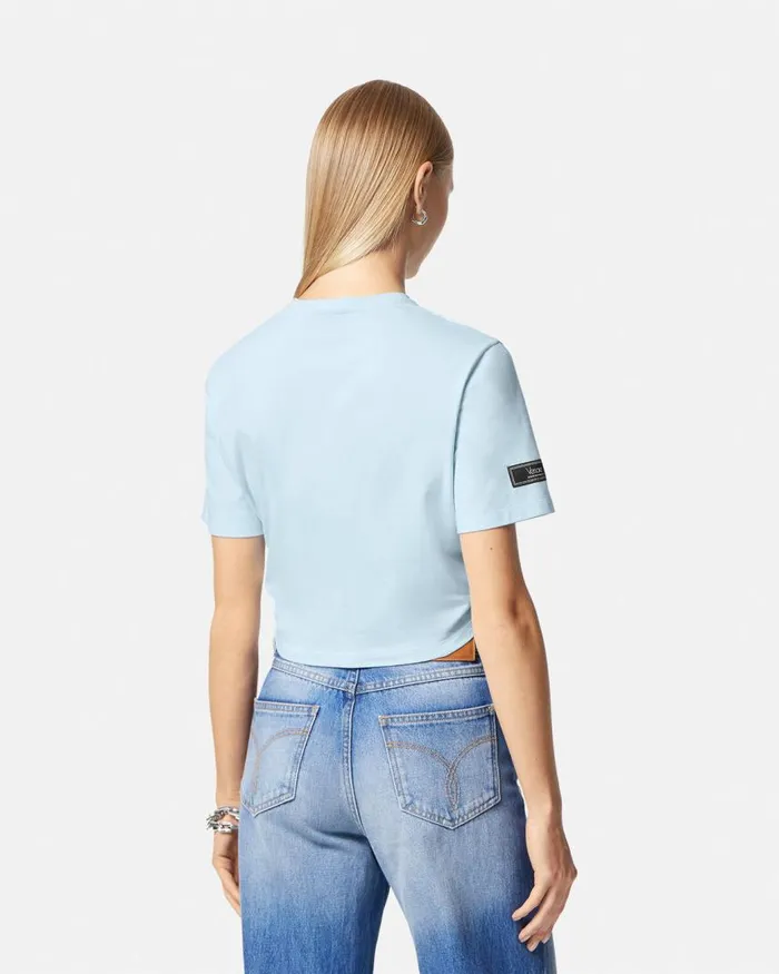 Versace 1978 ReEdition Logo Crop TShirt Light Blue Women TShirts and Sweatshirts Versace 1978 ReEdition Logo Crop TShirt Light Blue Women TShirts and Sweatshirts