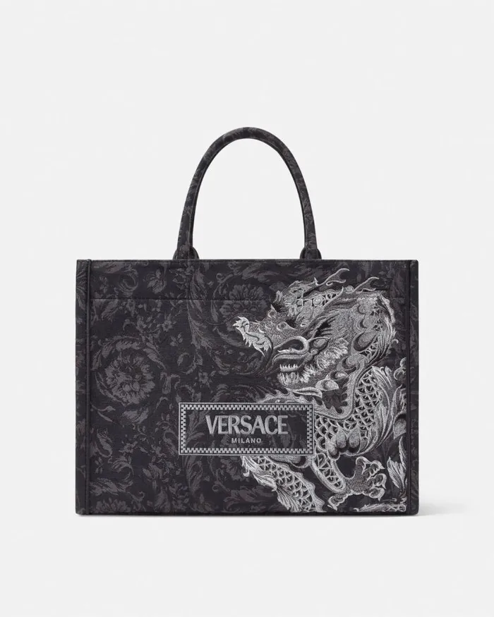 Versace Athena Year Of The Dragon Medium Tote Bag Blackprint WomenMen Totes
