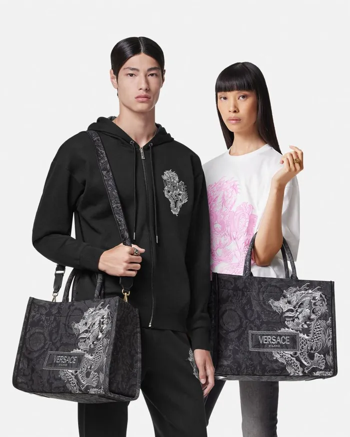 Versace Athena Year Of The Dragon Medium Tote Bag Blackprint WomenMen Totes