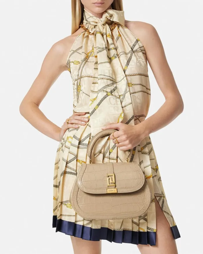 Versace CrocEffect Greca Goddess Top Handle Bag Beige Women Top Handle Versace CrocEffect Greca Goddess Top Handle Bag Beige Women Top Handle
