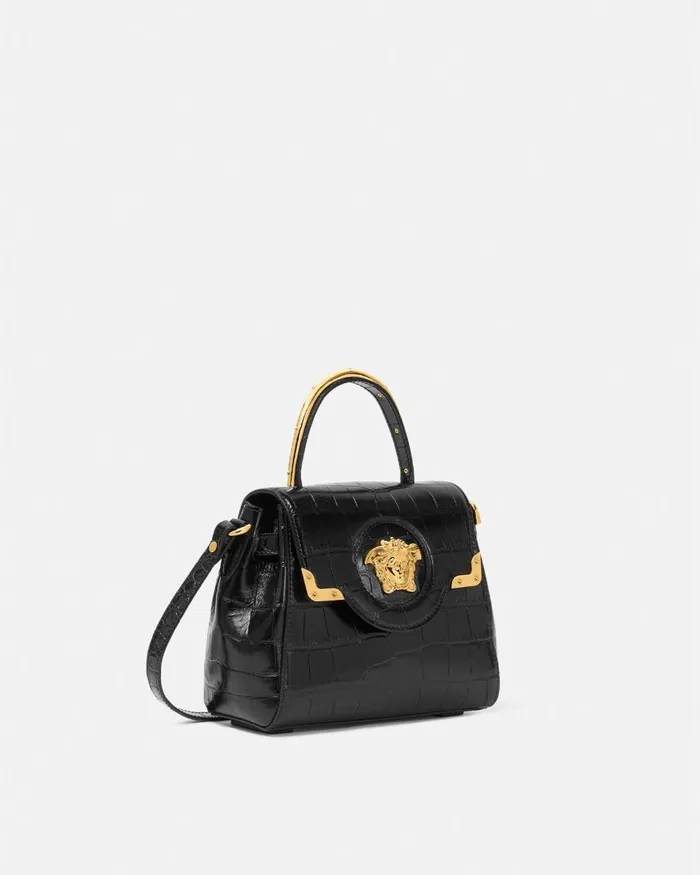 Versace CrocEffect La Medusa Small Handbag Blackgold Women Top Handle Versace CrocEffect La Medusa Small Handbag Blackgold Women Top Handle