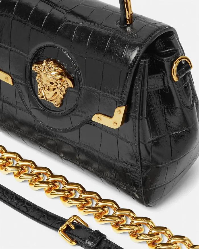 Versace CrocEffect La Medusa Small Handbag Blackgold Women Top Handle Versace CrocEffect La Medusa Small Handbag Blackgold Women Top Handle