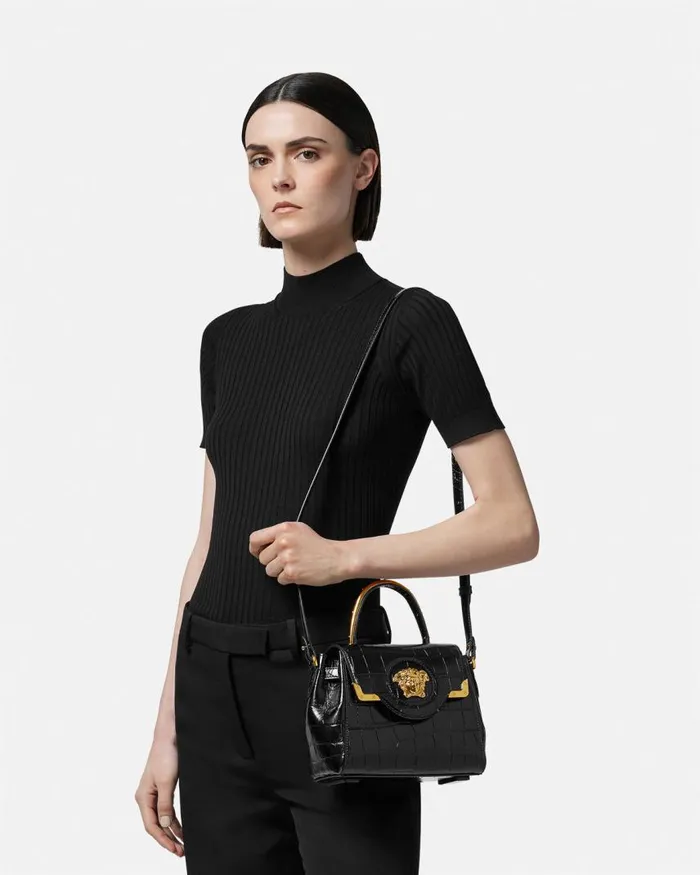 Versace CrocEffect La Medusa Small Handbag Blackgold Women Top Handle Versace CrocEffect La Medusa Small Handbag Blackgold Women Top Handle