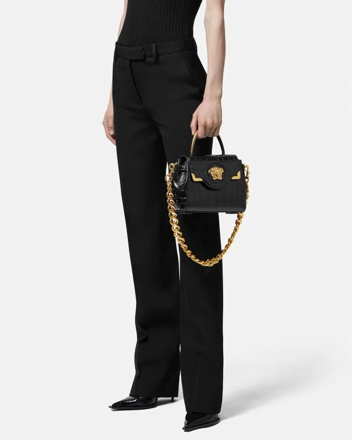 Versace CrocEffect La Medusa Small Handbag Blackgold Women Top Handle Versace CrocEffect La Medusa Small Handbag Blackgold Women Top Handle