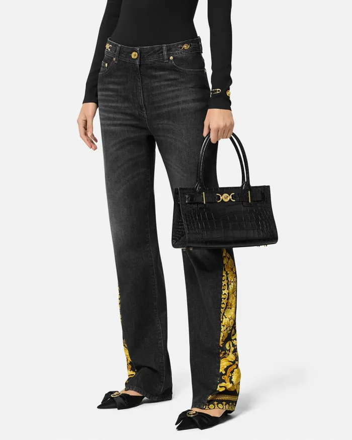 Versace CrocEffect Medusa 03995 Tote Bag Blackgold Women Totes Versace CrocEffect Medusa 03995 Tote Bag Blackgold Women Totes