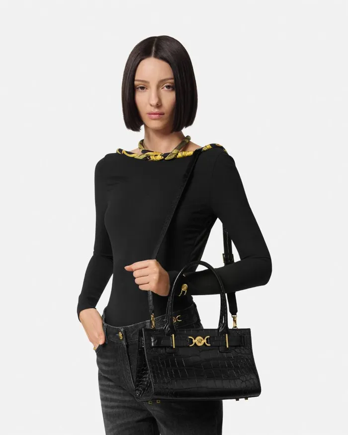 Versace CrocEffect Medusa 03995 Tote Bag Blackgold Women Totes Versace CrocEffect Medusa 03995 Tote Bag Blackgold Women Totes