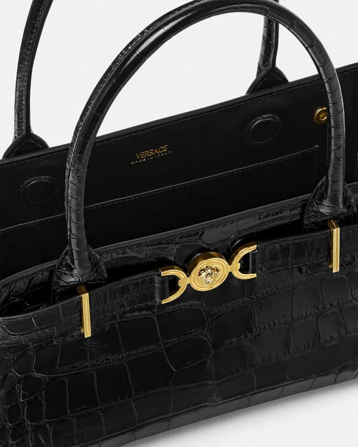 Versace CrocEffect Medusa 03995 Tote Bag Blackgold Women Totes Versace CrocEffect Medusa 03995 Tote Bag Blackgold Women Totes