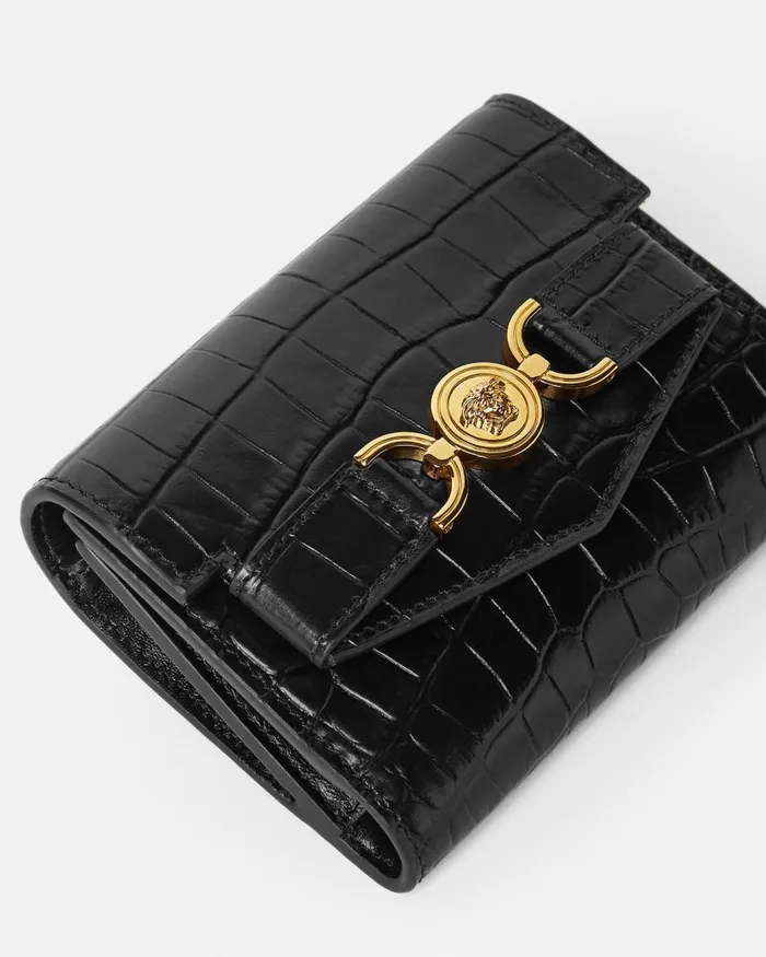 Versace CrocEffect Medusa 03995 Trifold Wallet Blackgold Women Wallets Versace CrocEffect Medusa 03995 Trifold Wallet Blackgold Women Wallets