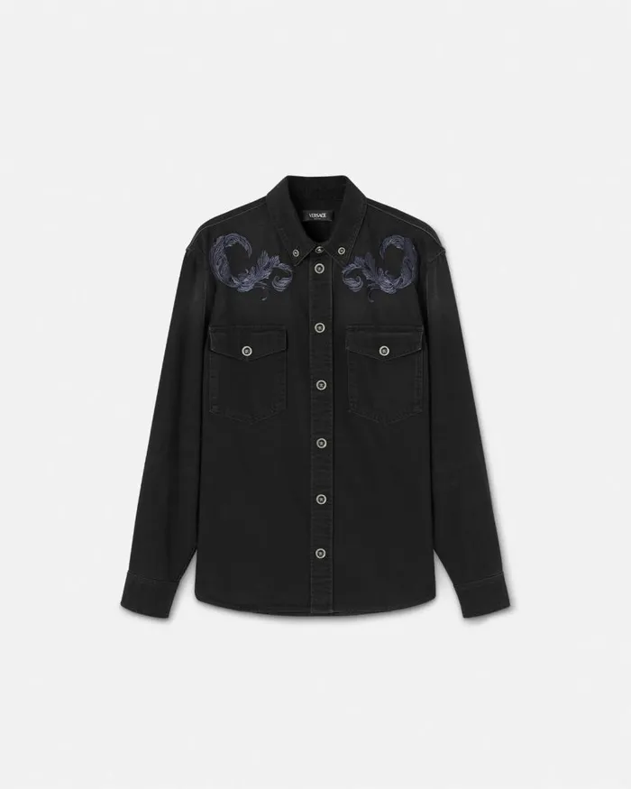 Versace Embroidered Barocco Denim Overshirt Black Men Shirts