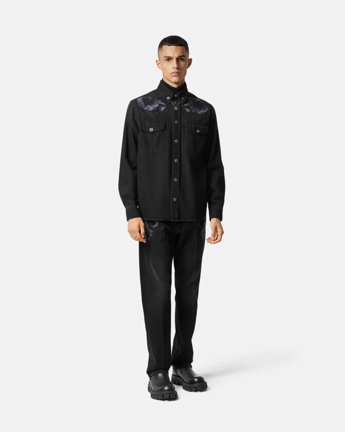 Versace Embroidered Barocco Denim Overshirt Black Men Shirts Versace Embroidered Barocco Denim Overshirt Black Men Shirts