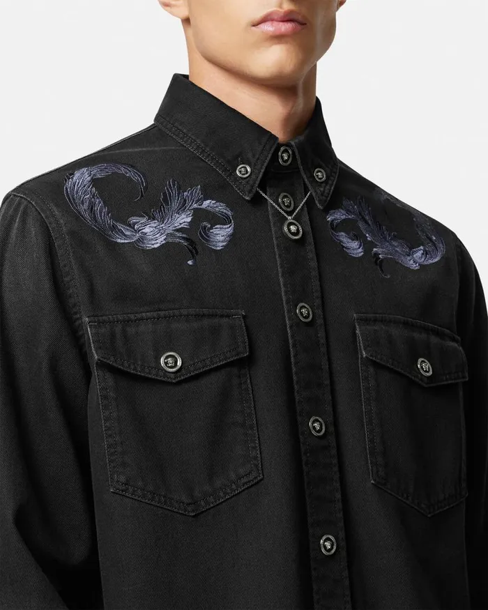 Versace Embroidered Barocco Denim Overshirt Black Men Shirts Versace Embroidered Barocco Denim Overshirt Black Men Shirts