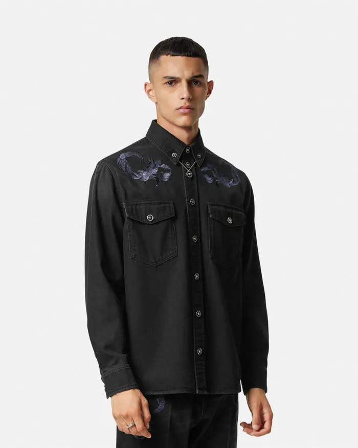 Versace Embroidered Barocco Denim Overshirt Black Men Shirts Versace Embroidered Barocco Denim Overshirt Black Men Shirts
