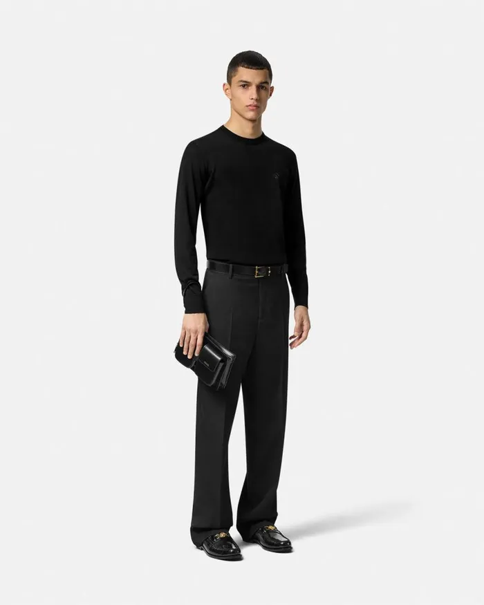 Versace Embroidered WoolBlend Sweater Black Men Knitwear Versace Embroidered WoolBlend Sweater Black Men Knitwear