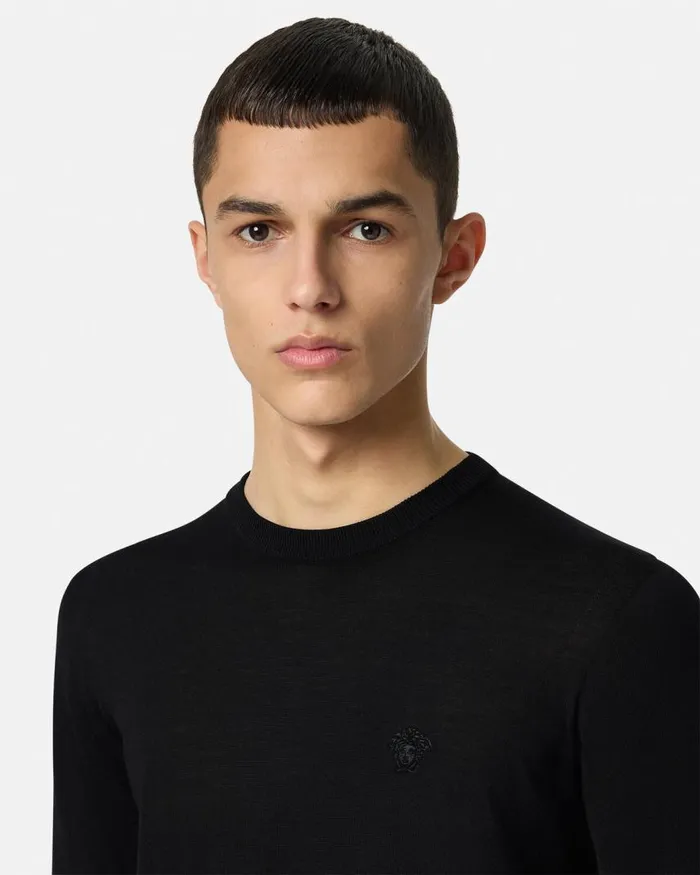 Versace Embroidered WoolBlend Sweater Black Men Knitwear Versace Embroidered WoolBlend Sweater Black Men Knitwear