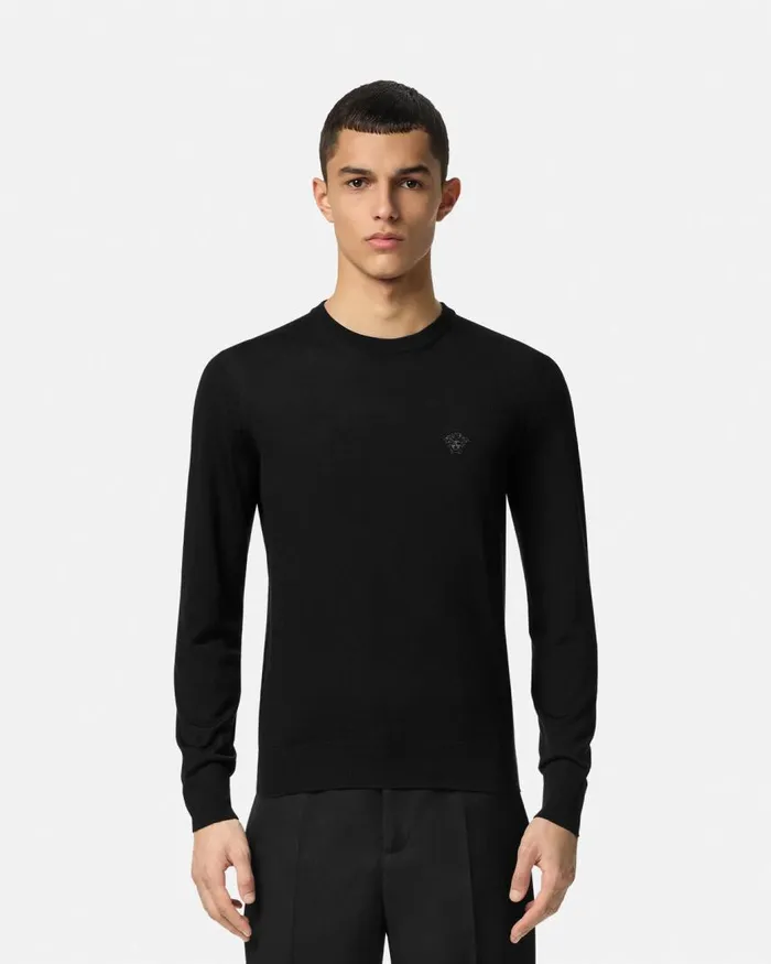 Versace Embroidered WoolBlend Sweater Black Men Knitwear Versace Embroidered WoolBlend Sweater Black Men Knitwear