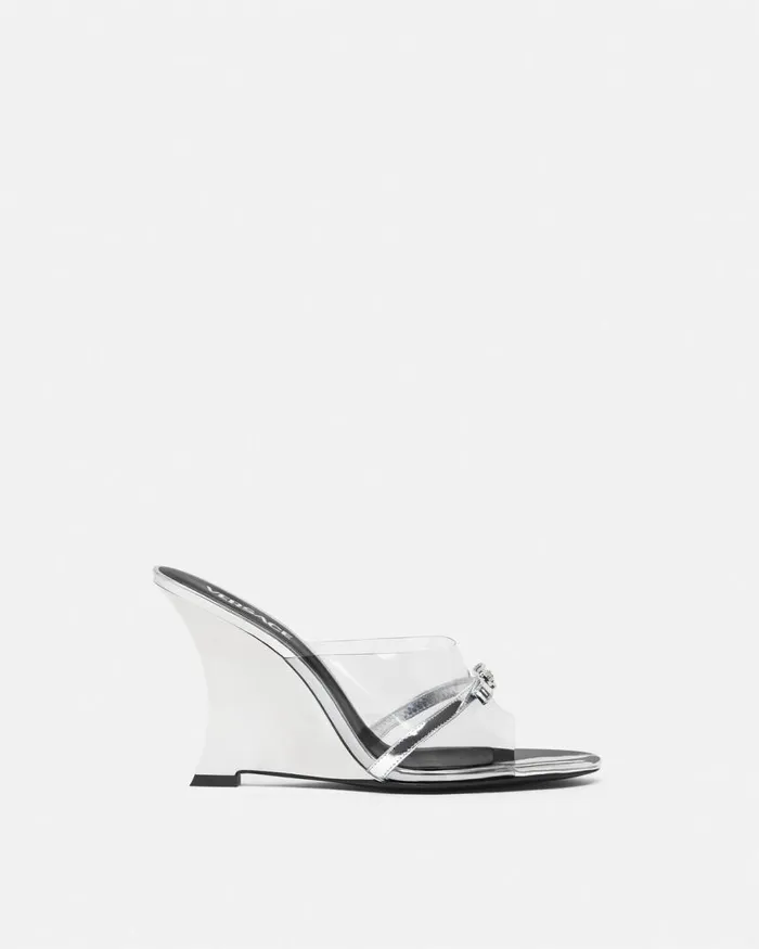 Versace Gianni Ribbon Wedge Mules 95 Mm Silver Women Sandals