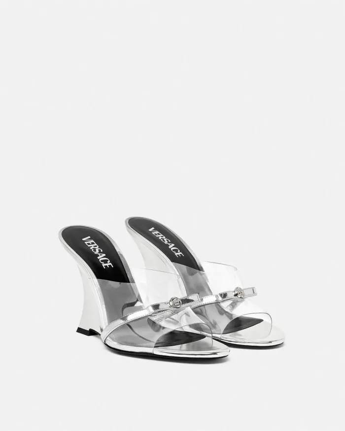 Versace Gianni Ribbon Wedge Mules 95 Mm Silver Women Sandals Versace Gianni Ribbon Wedge Mules 95 Mm Silver Women Sandals