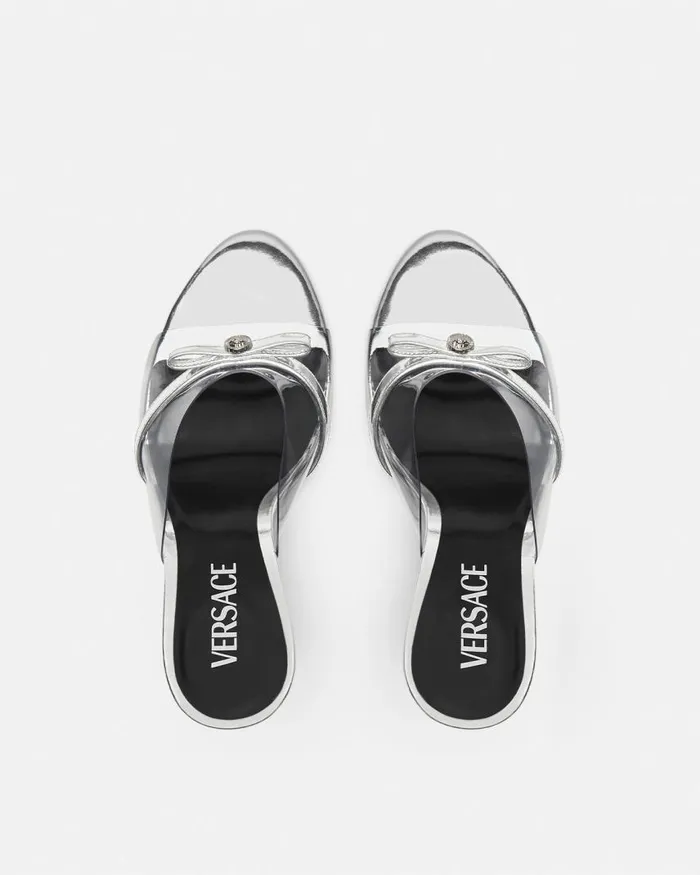 Versace Gianni Ribbon Wedge Mules 95 Mm Silver Women Sandals Versace Gianni Ribbon Wedge Mules 95 Mm Silver Women Sandals