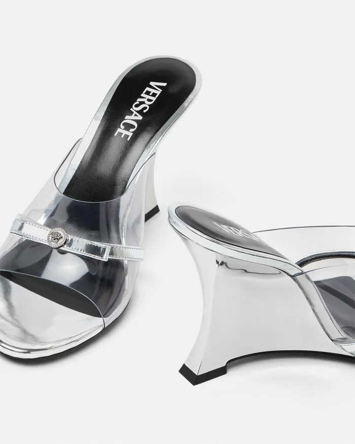 Versace Gianni Ribbon Wedge Mules 95 Mm Silver Women Sandals Versace Gianni Ribbon Wedge Mules 95 Mm Silver Women Sandals