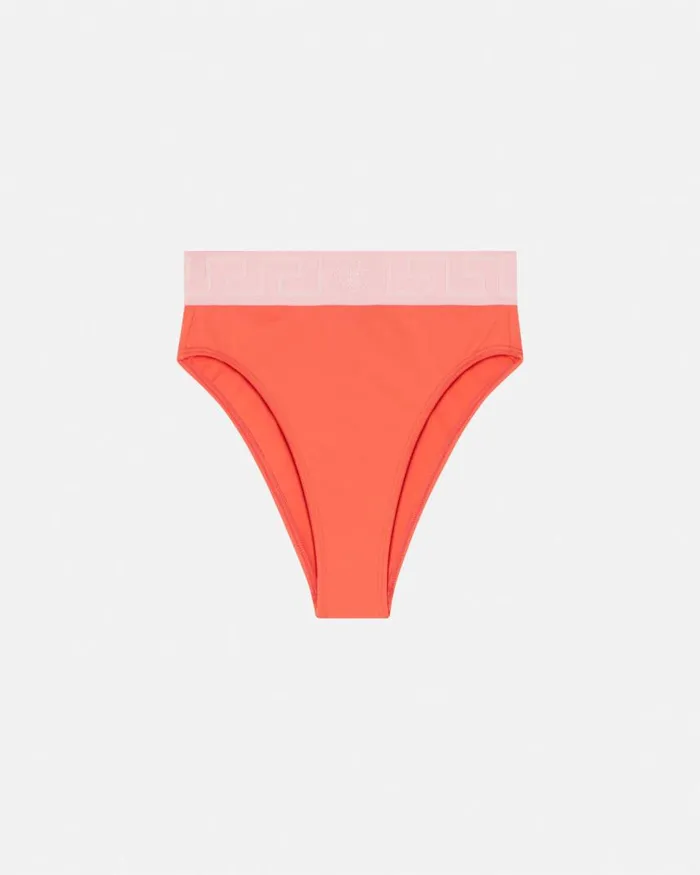 Versace Greca Border High Waist Bikini Bottoms Coral Women Swimwear