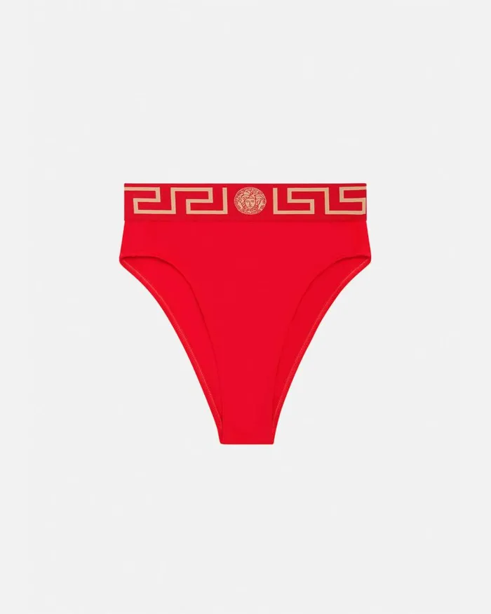Versace Greca Border High Waist Bikini Bottoms Red Women Swimwear