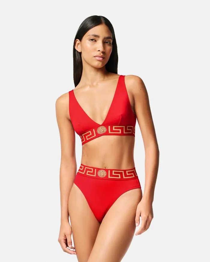 Versace Greca Border High Waist Bikini Bottoms Red Women Swimwear Versace Greca Border High Waist Bikini Bottoms Red Women Swimwear