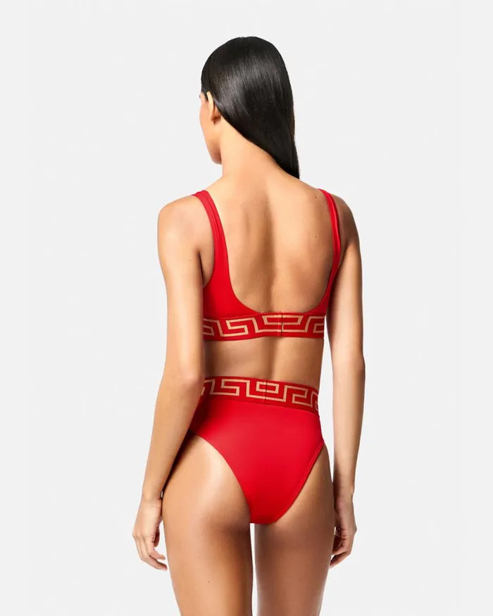 Versace Greca Border High Waist Bikini Bottoms Red Women Swimwear Versace Greca Border High Waist Bikini Bottoms Red Women Swimwear
