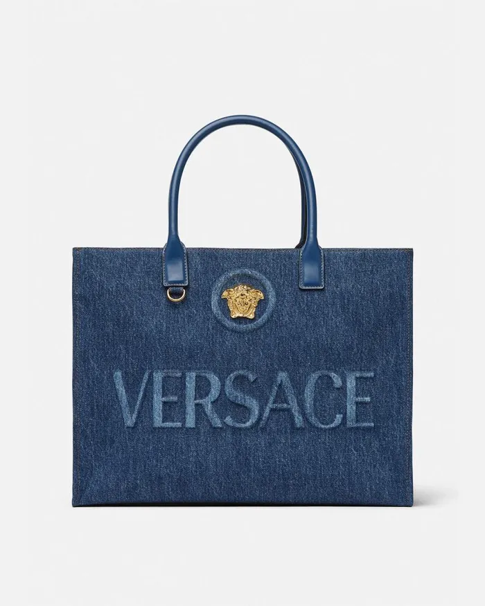 Versace La Medusa Denim Large Tote Bag Blue Women Totes
