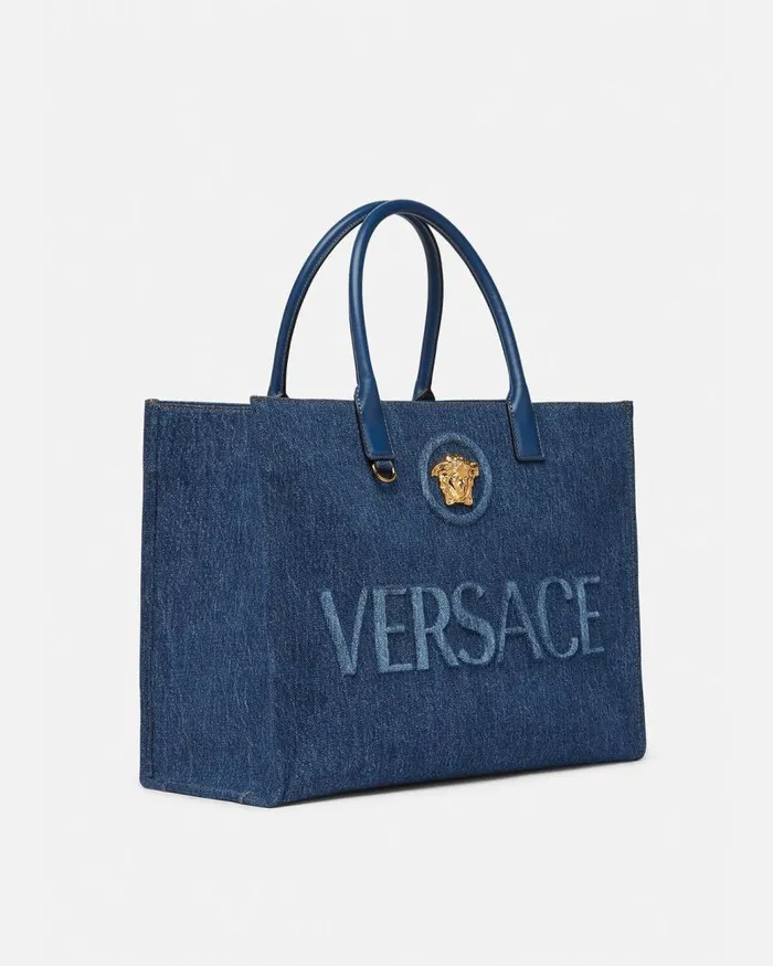 Versace La Medusa Denim Large Tote Bag Blue Women Totes Versace La Medusa Denim Large Tote Bag Blue Women Totes