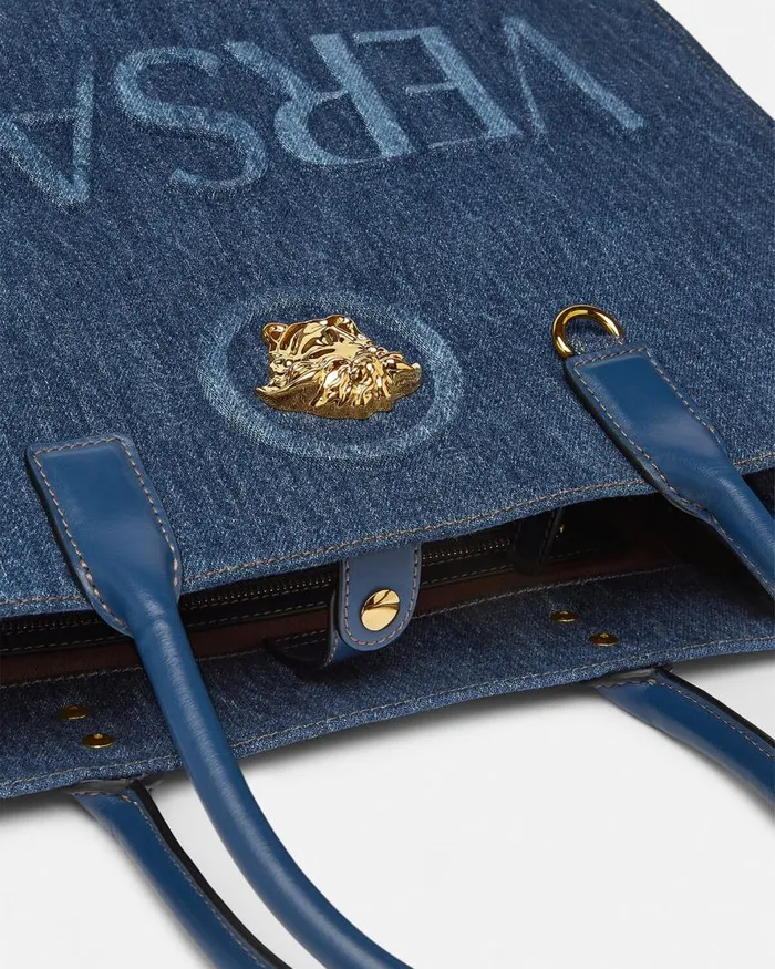 Versace La Medusa Denim Large Tote Bag Blue Women Totes Versace La Medusa Denim Large Tote Bag Blue Women Totes