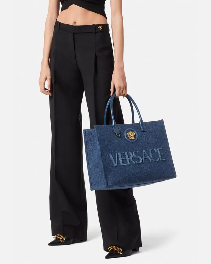 Versace La Medusa Denim Large Tote Bag Blue Women Totes Versace La Medusa Denim Large Tote Bag Blue Women Totes