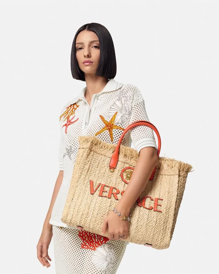 Versace La Medusa Raffia Tote Bag Beige Women Totes Versace La Medusa Raffia Tote Bag Beige Women Totes