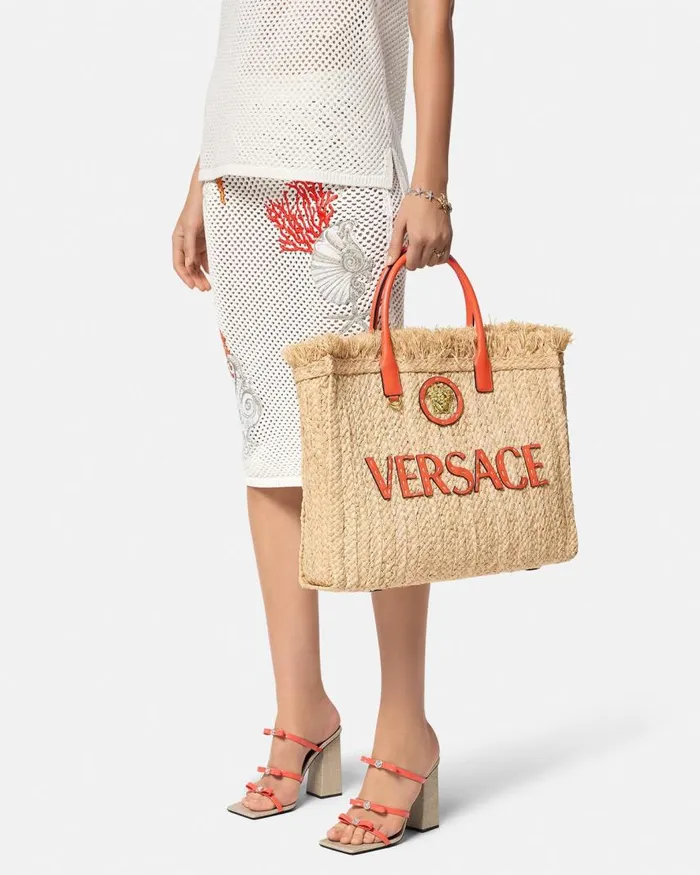 Versace La Medusa Raffia Tote Bag Beige Women Totes Versace La Medusa Raffia Tote Bag Beige Women Totes