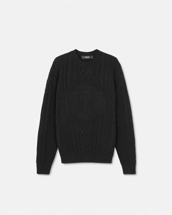 Versace Medusa CableKnit Sweater Black Men Knitwear