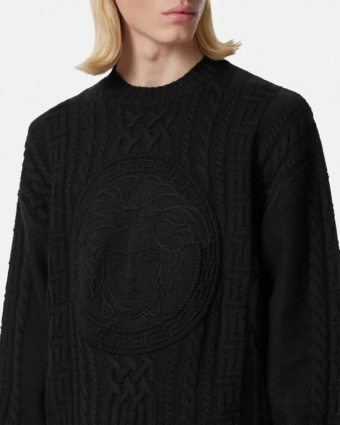 Versace Medusa CableKnit Sweater Black Men Knitwear Versace Medusa CableKnit Sweater Black Men Knitwear