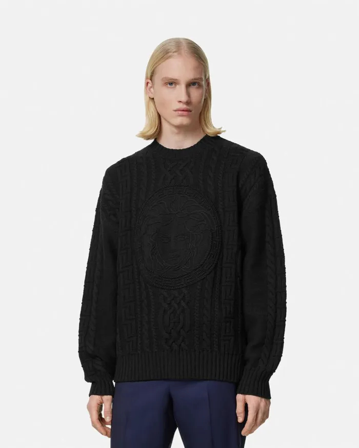 Versace Medusa CableKnit Sweater Black Men Knitwear Versace Medusa CableKnit Sweater Black Men Knitwear