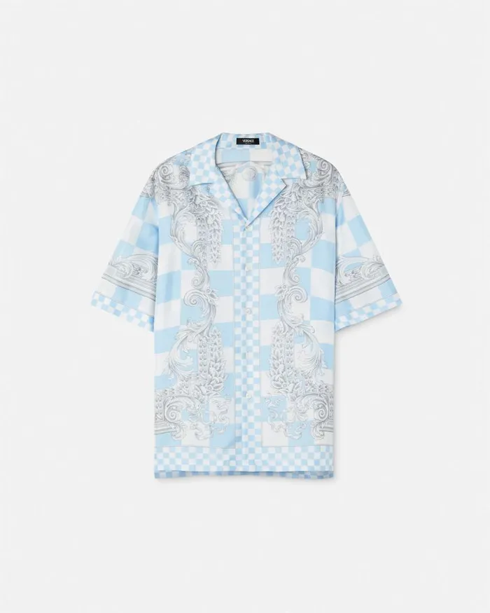 Versace Medusa Contrasto Silk Shirt Blueprint Men Shirts
