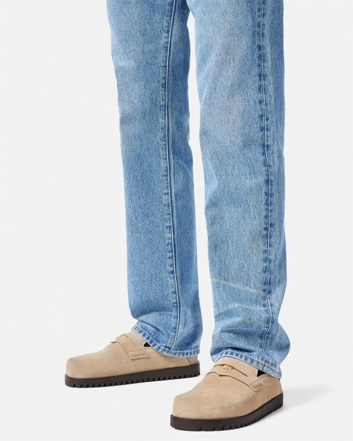 Versace Suede Medusa Mules Beige Men Loafers and Slippers Versace Suede Medusa Mules Beige Men Loafers and Slippers