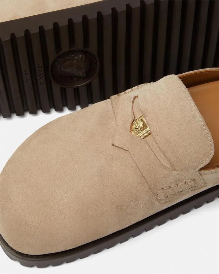 Versace Suede Medusa Mules Beige Men Loafers and Slippers Versace Suede Medusa Mules Beige Men Loafers and Slippers