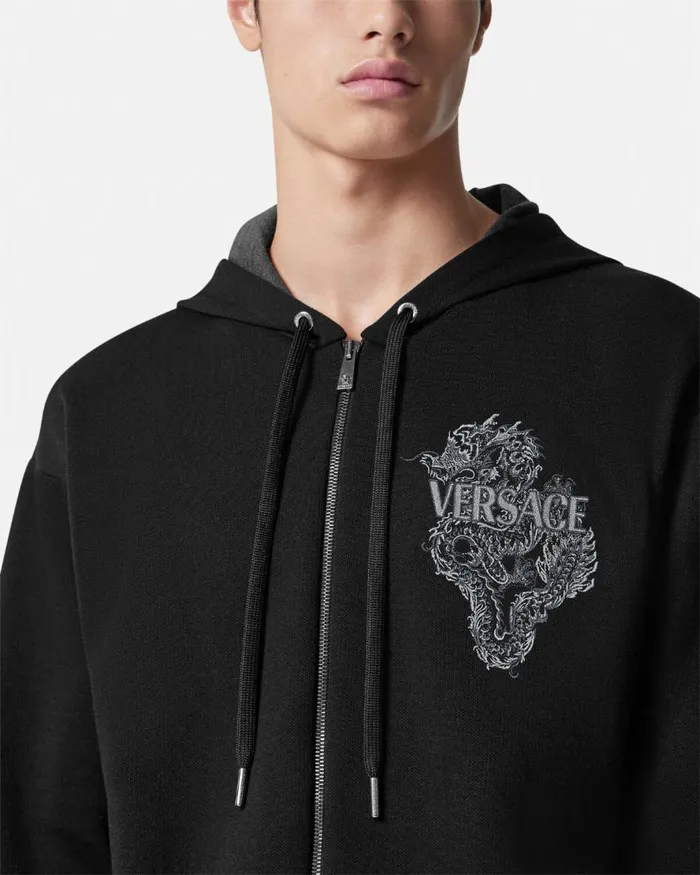 Versace Year Of The Dragon Knit Zip Hoodie Black Men Knitwear Versace Year Of The Dragon Knit Zip Hoodie Black Men Knitwear
