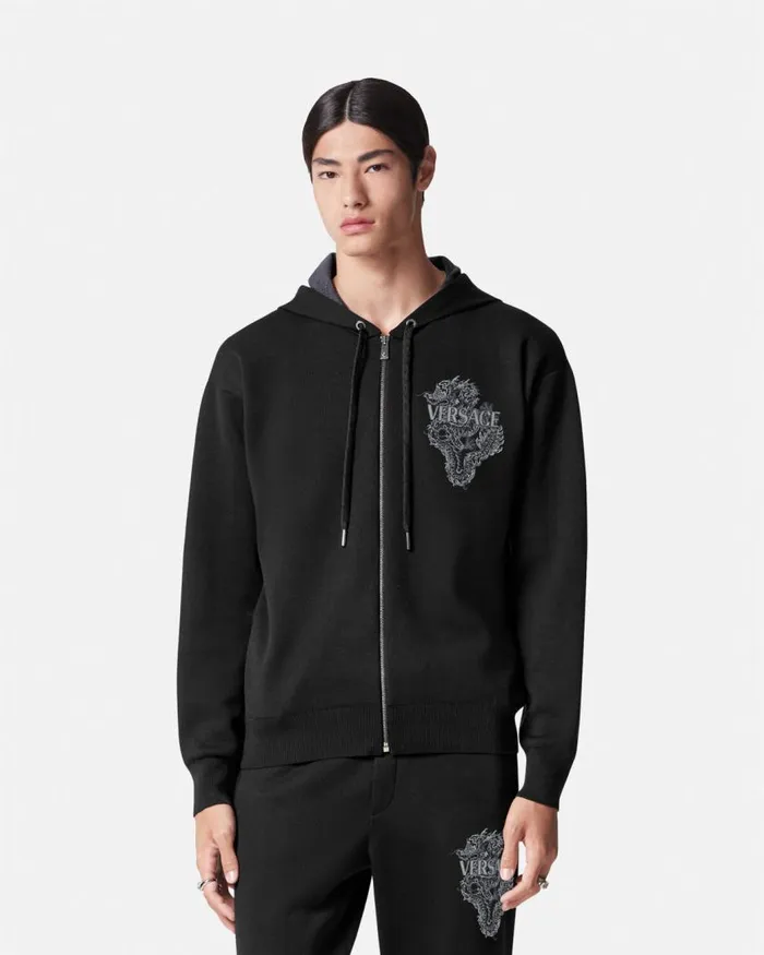 Versace Year Of The Dragon Knit Zip Hoodie Black Men Knitwear Versace Year Of The Dragon Knit Zip Hoodie Black Men Knitwear