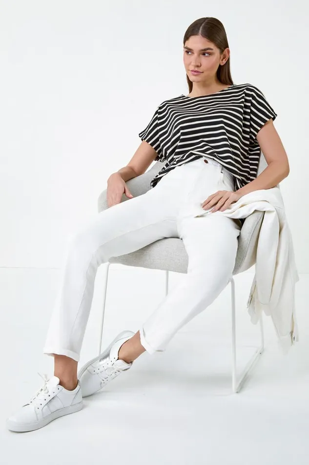 White Slim Leg Stretch Mom Jeans Women Roman Trousers