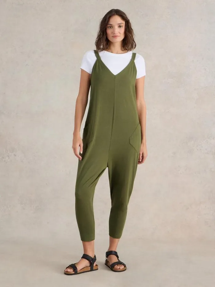 White Stuff Dresses Women Selina Jersey V Neck Jumpsuit Khaki Green
