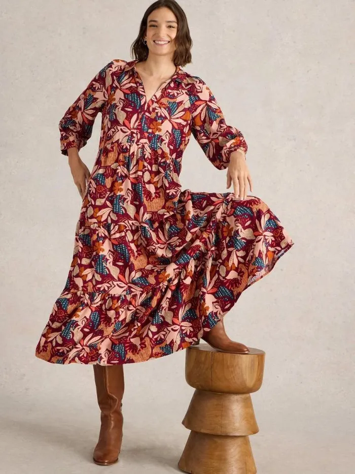 White Stuff Dresses Women Virginia Tiered Shirt Dress Plum Purple Print
