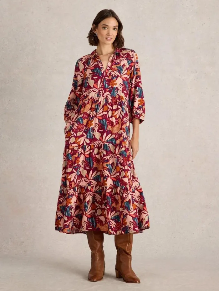 White Stuff Dresses Women Virginia Tiered Shirt Dress Plum Purple Print White Stuff Dresses Women Virginia Tiered Shirt Dress Plum Purple Print