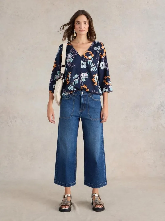 White Stuff Jeans Women Tia Cropped Wide Leg Jean Dk Denim