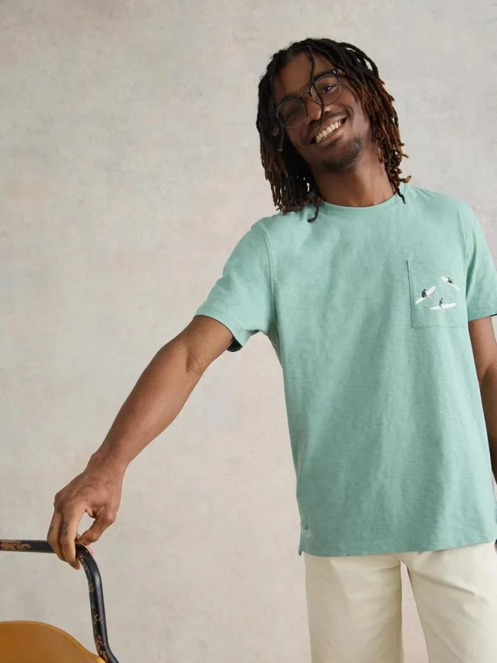 White Stuff TShirts Men Shark Pocket Graphic Tee Mint Green