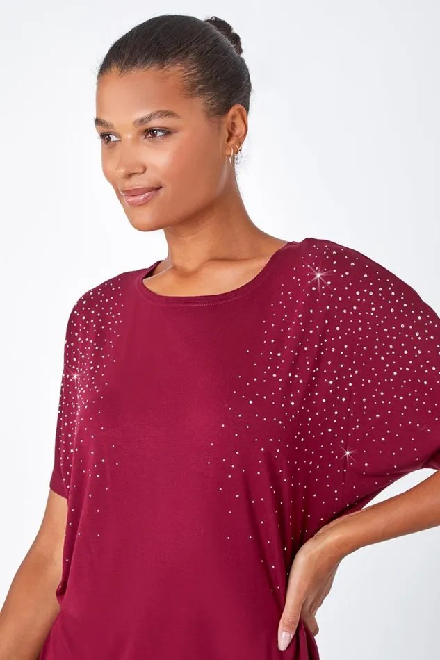 Wine Embellished Stretch TShirt Women Roman Tops