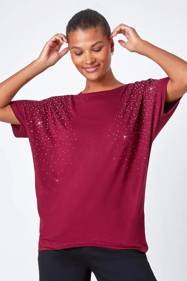 Wine Embellished Stretch TShirt Women Roman Tops